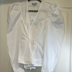 NWT Ganni White Cotton Poplin Puff Sleeve Wrap Top